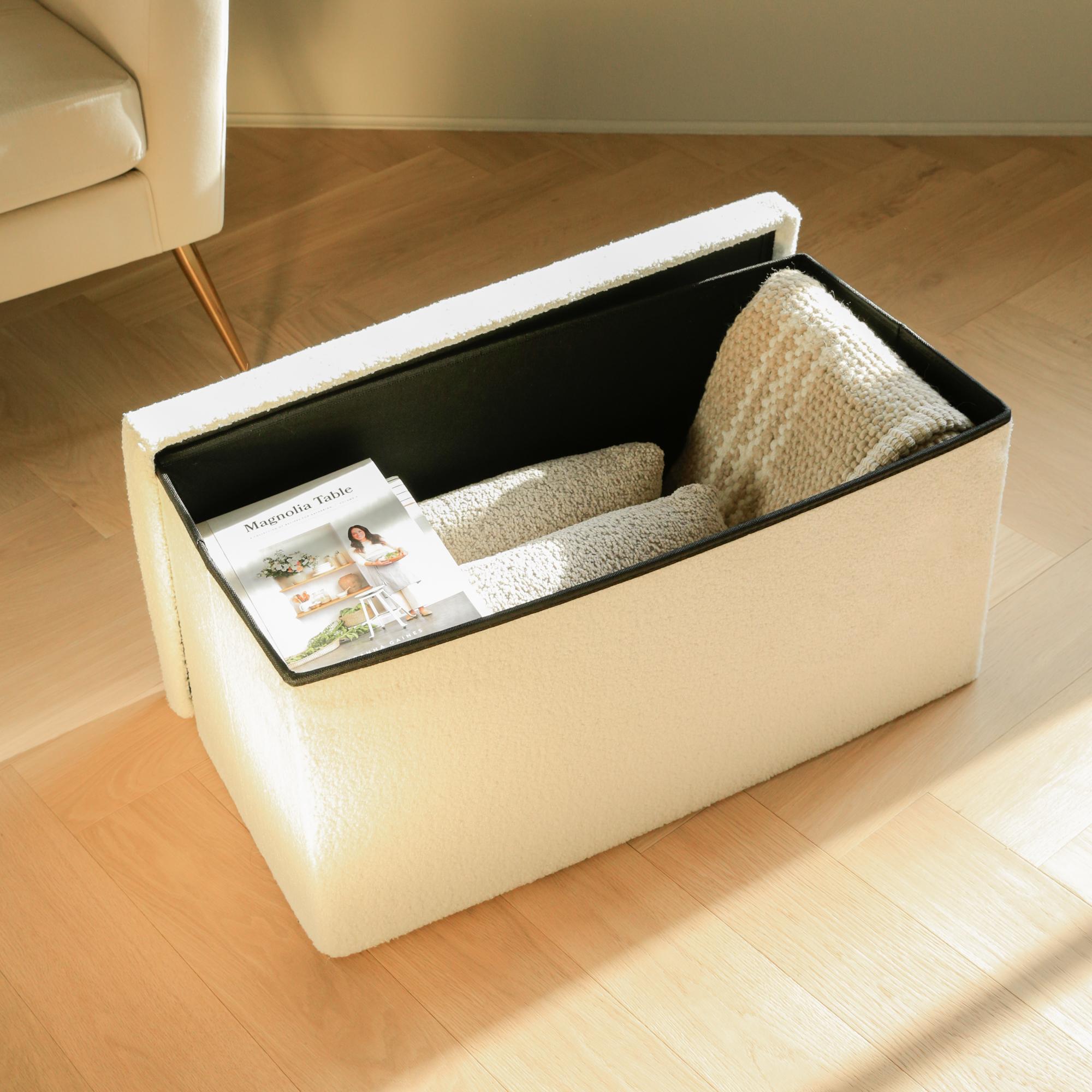 30" White Boucle Ottoman With Storage