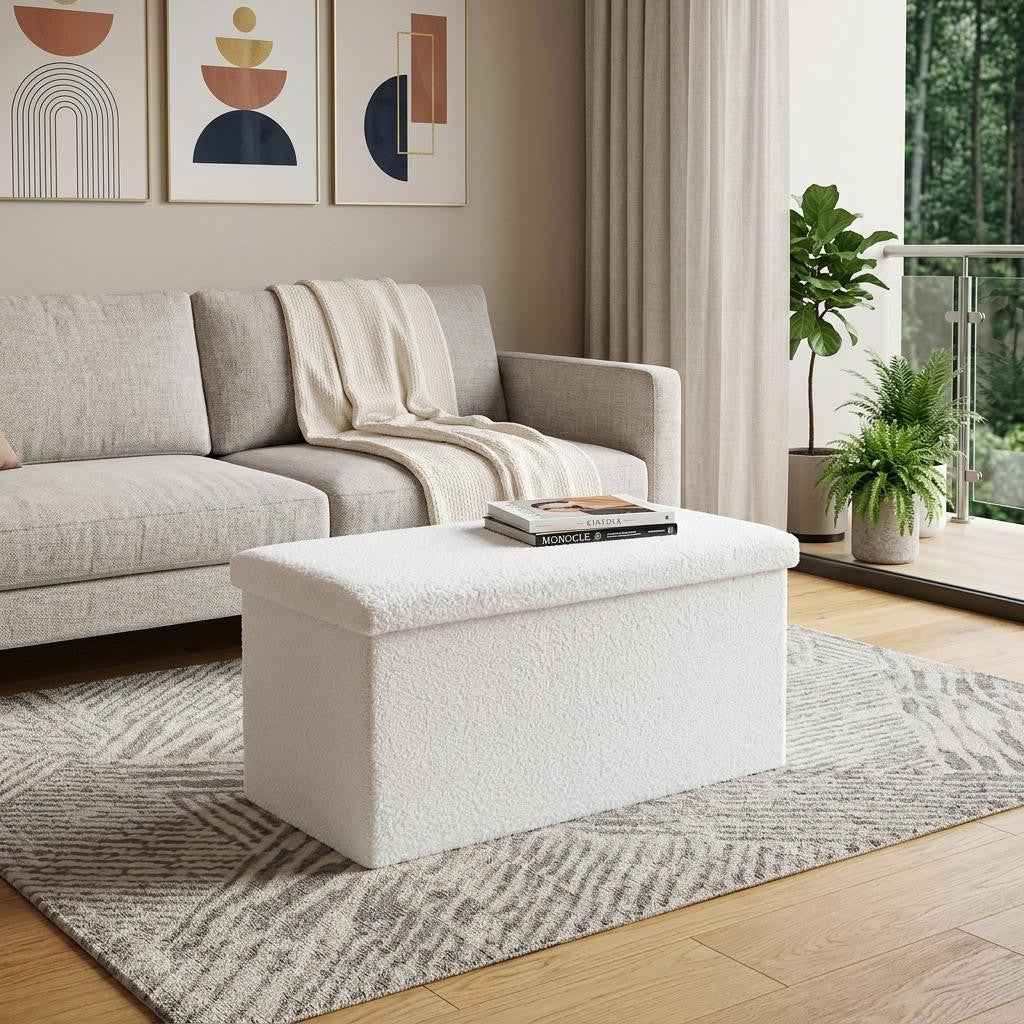 30" White Boucle Ottoman With Storage