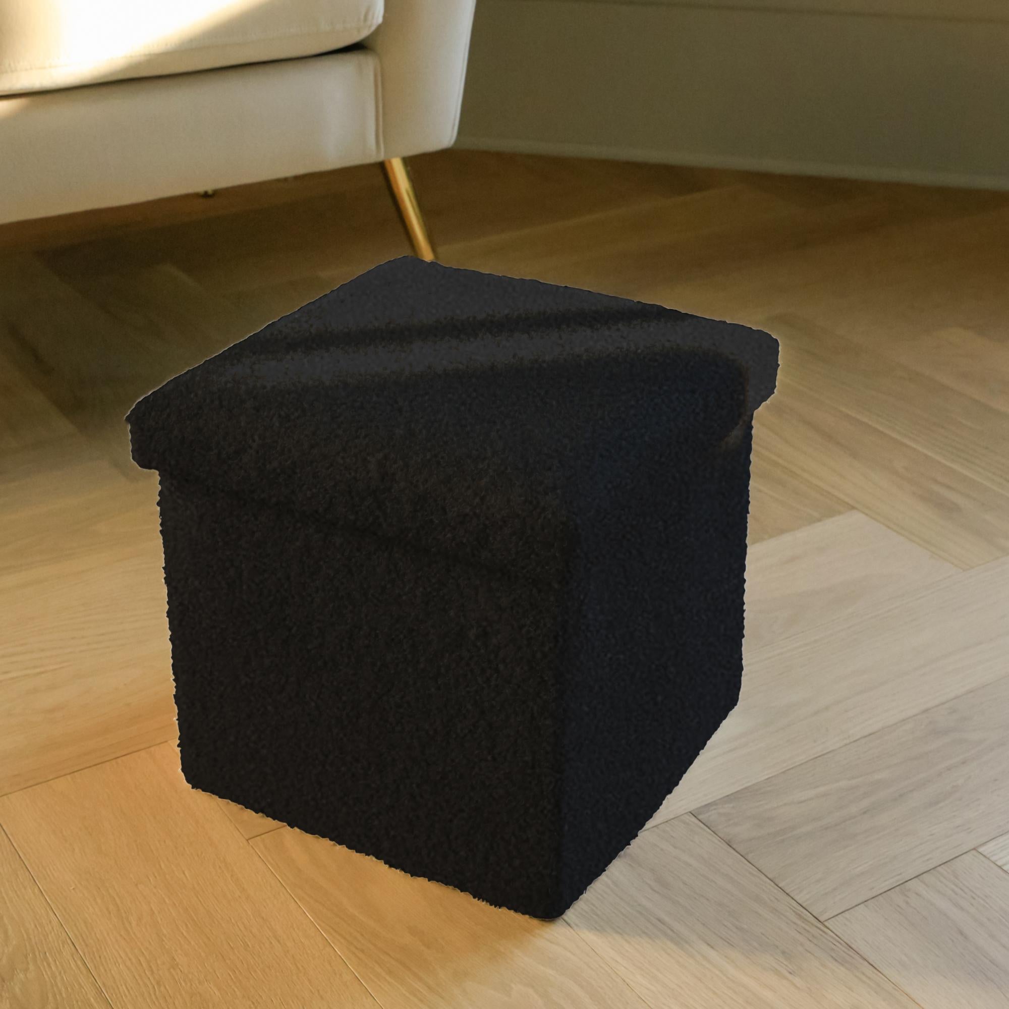 12" Black Boucle Cube Ottoman With Storage