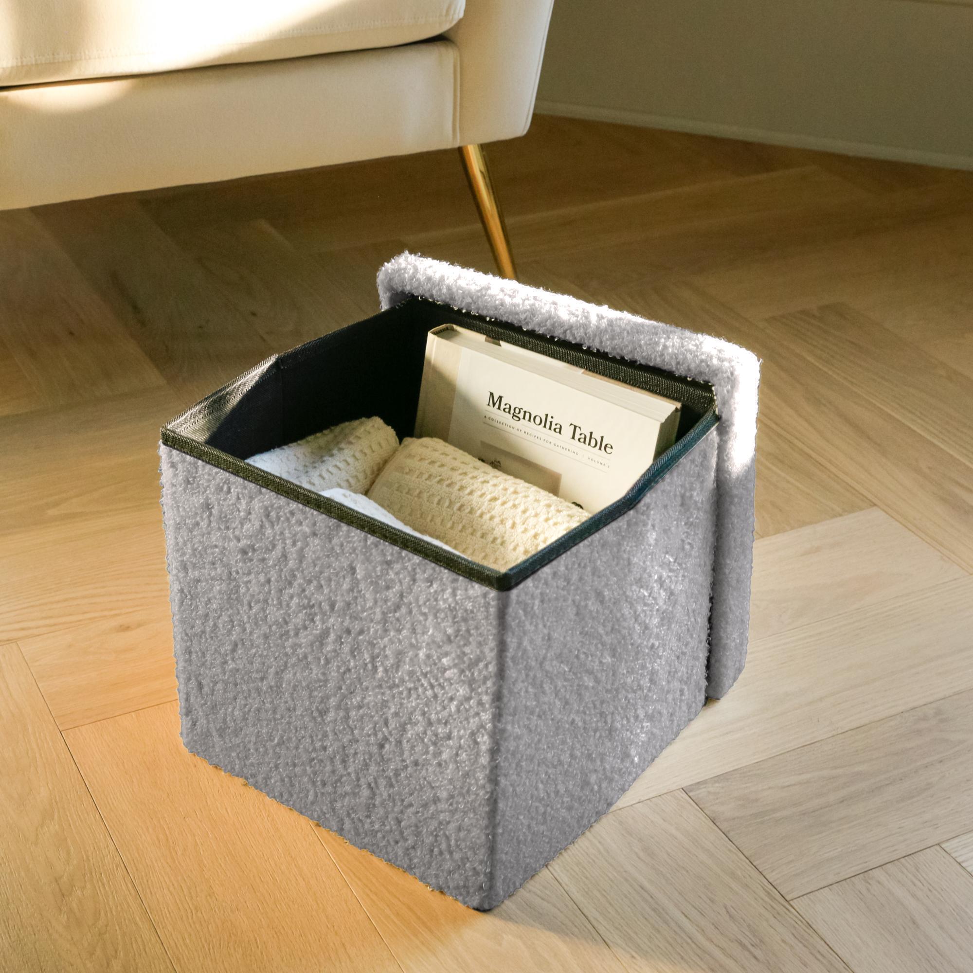 12" Gray Boucle Cube Ottoman With Storage