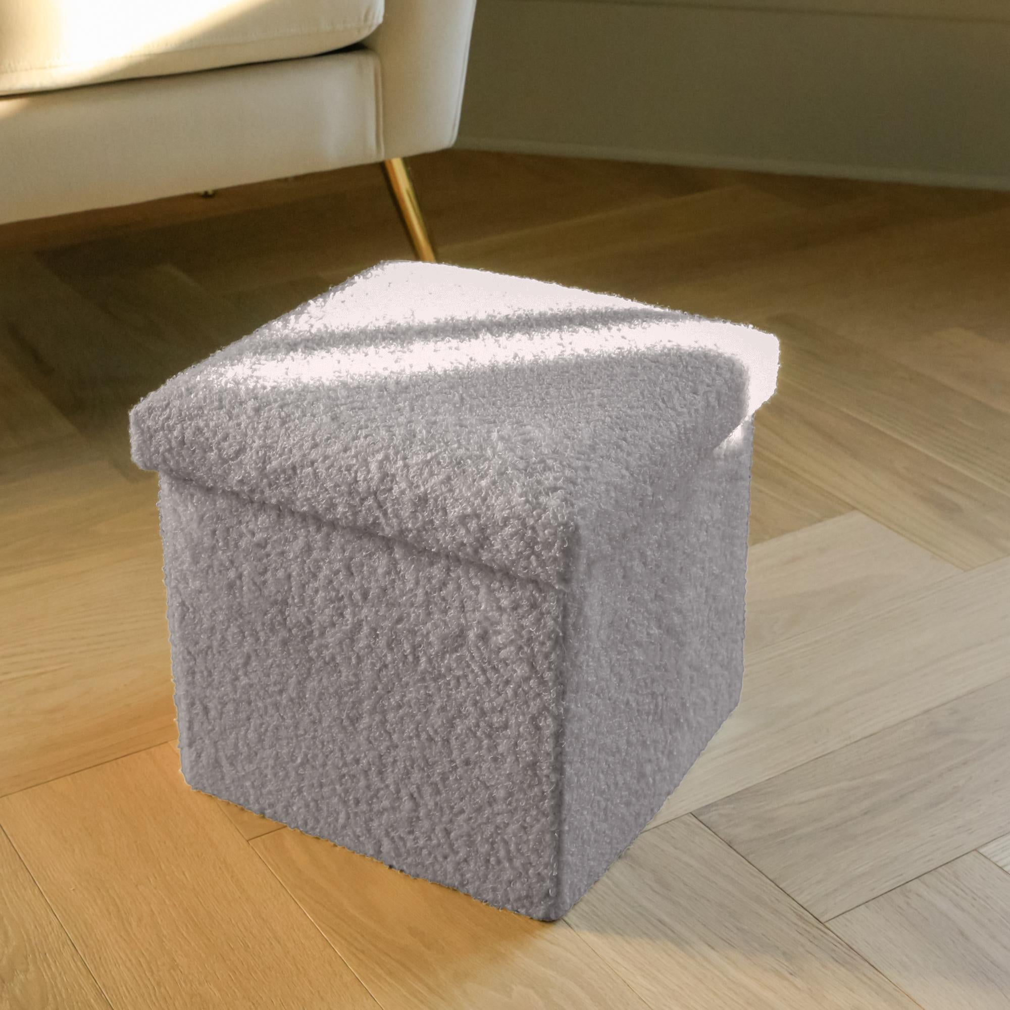12" Gray Boucle Cube Ottoman With Storage