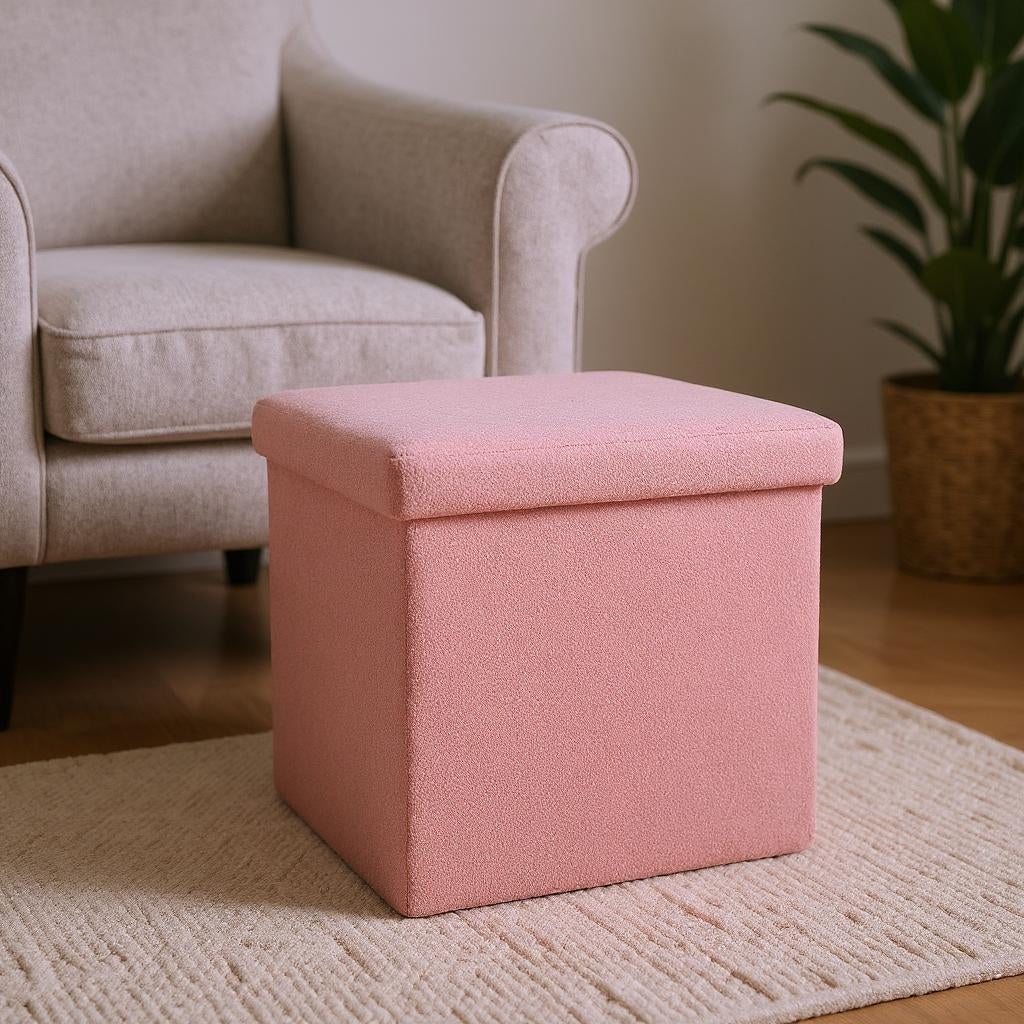 12" Pink Boucle Cube Ottoman With Storage