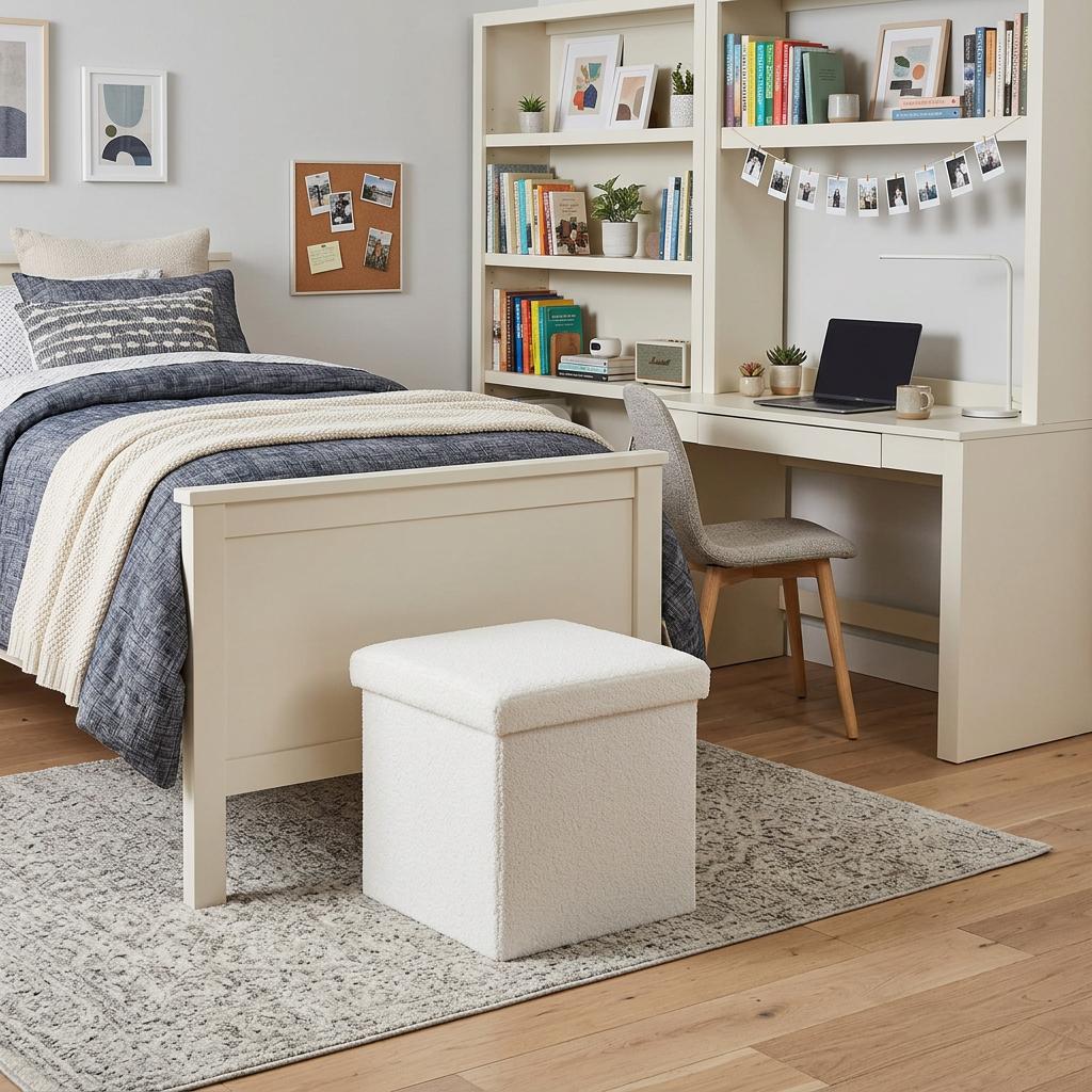 12" White Boucle Cube Ottoman With Storage