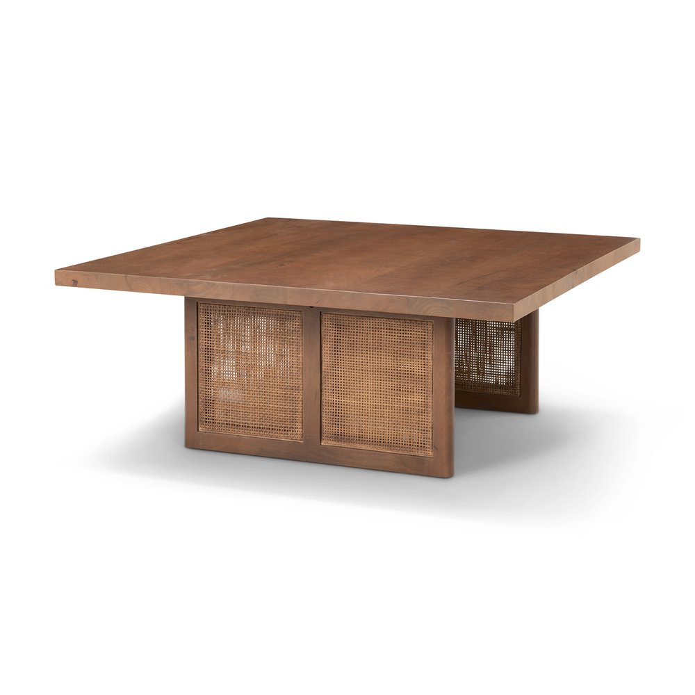 42" Brown and Natural Solid Wood and Wicker Square Double Pedestal Coffee Table