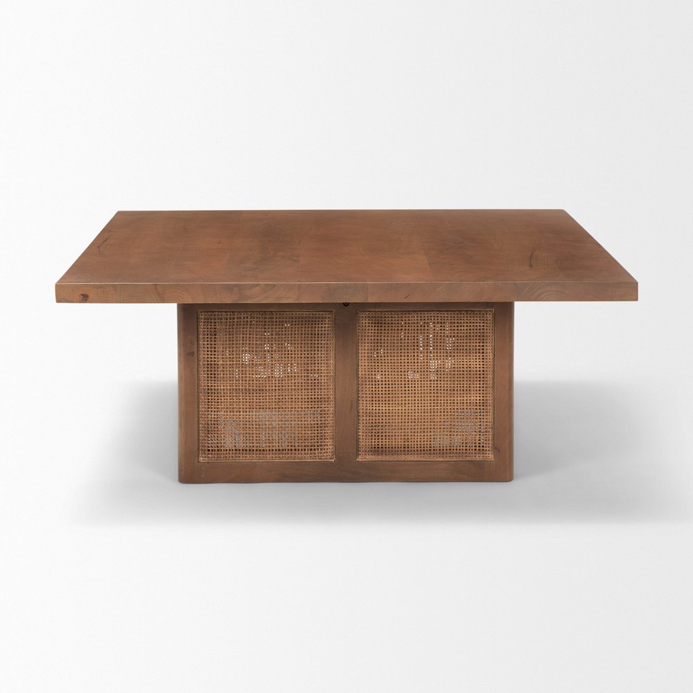 42" Brown and Natural Solid Wood and Wicker Square Double Pedestal Coffee Table