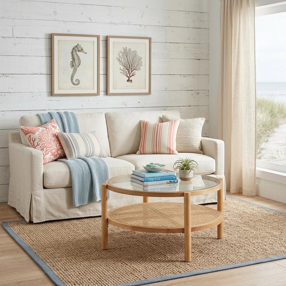 34" Clear and Natural Glass and Solid Wood Round Coffee Table With Shelf