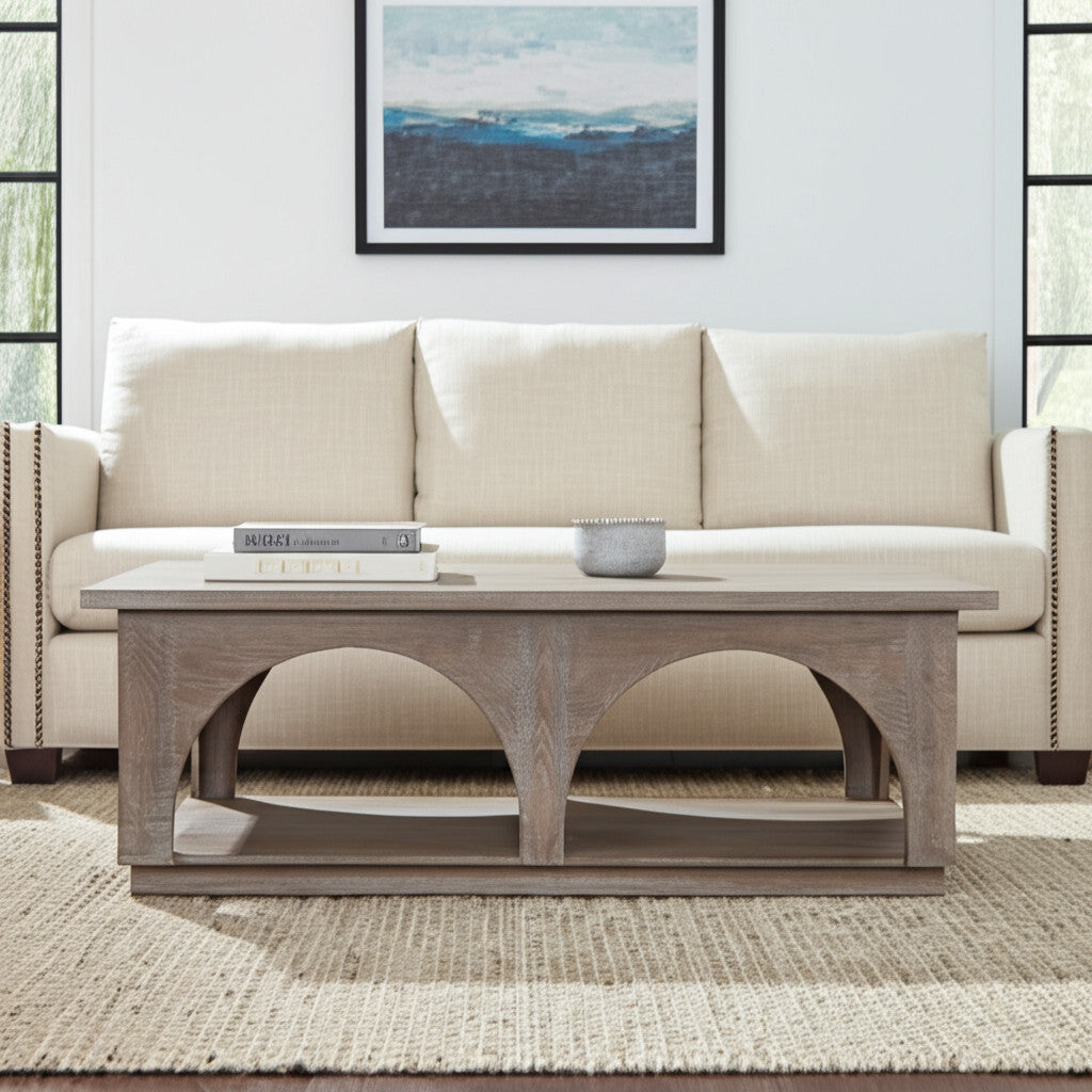 59" Brown Solid Wood Distressed Floor Shelf Coffee Table With Shelf