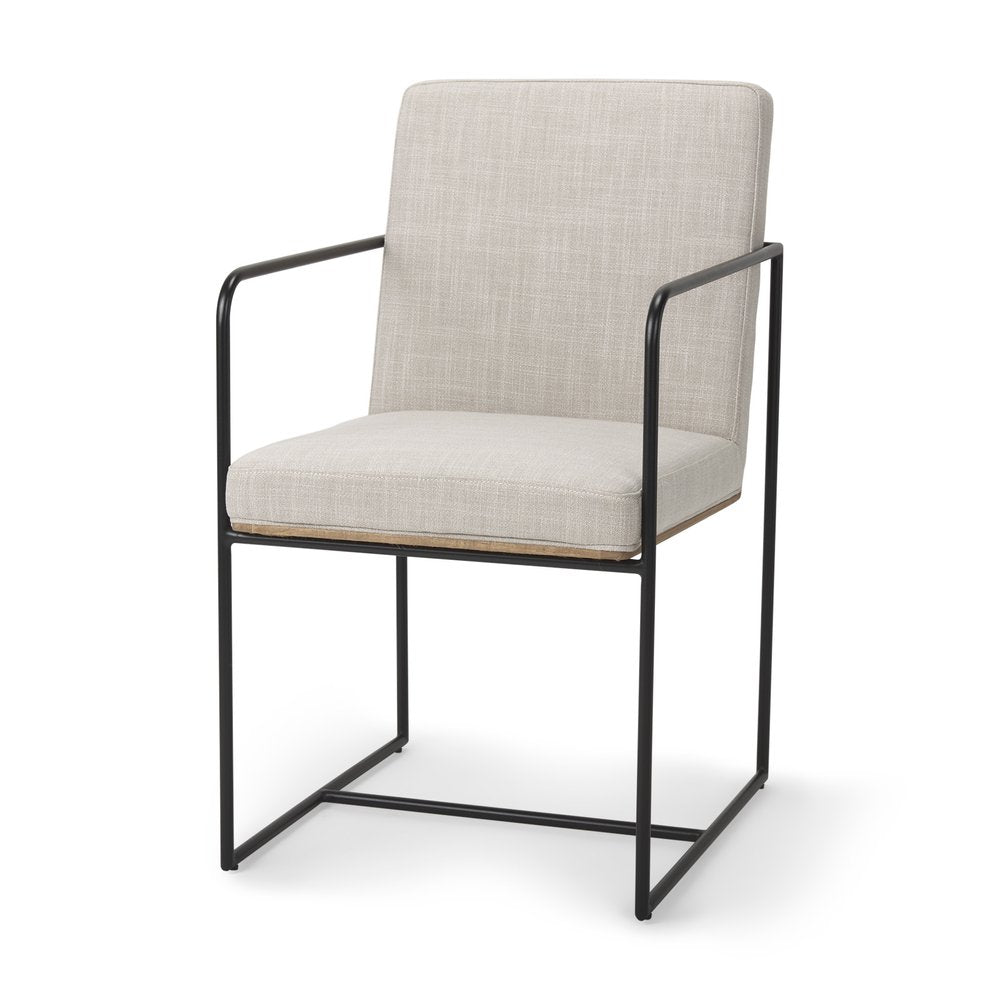 Beige and Black Upholstered Cushion And Metal Dining Arm Chair