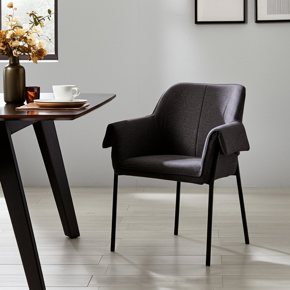 Set of Two Gray and Black Fabric Dining Arm Chairs