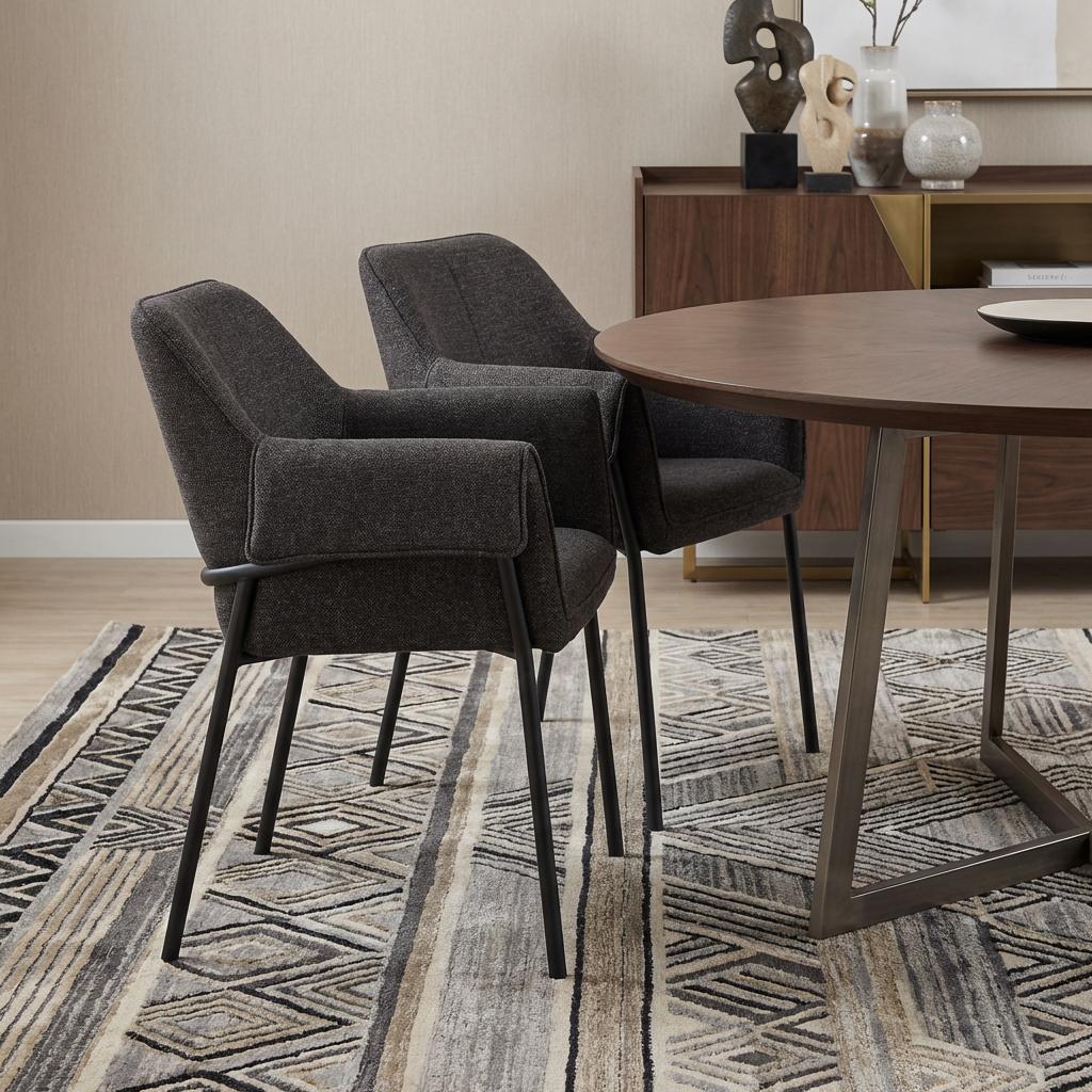 Set of Two Gray and Black Fabric Dining Arm Chairs