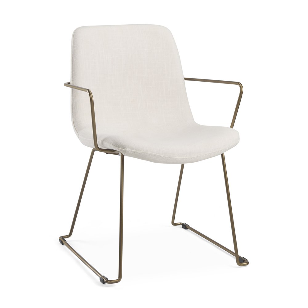 Beige and Gold Fabric and Wood Dining Arm Chair