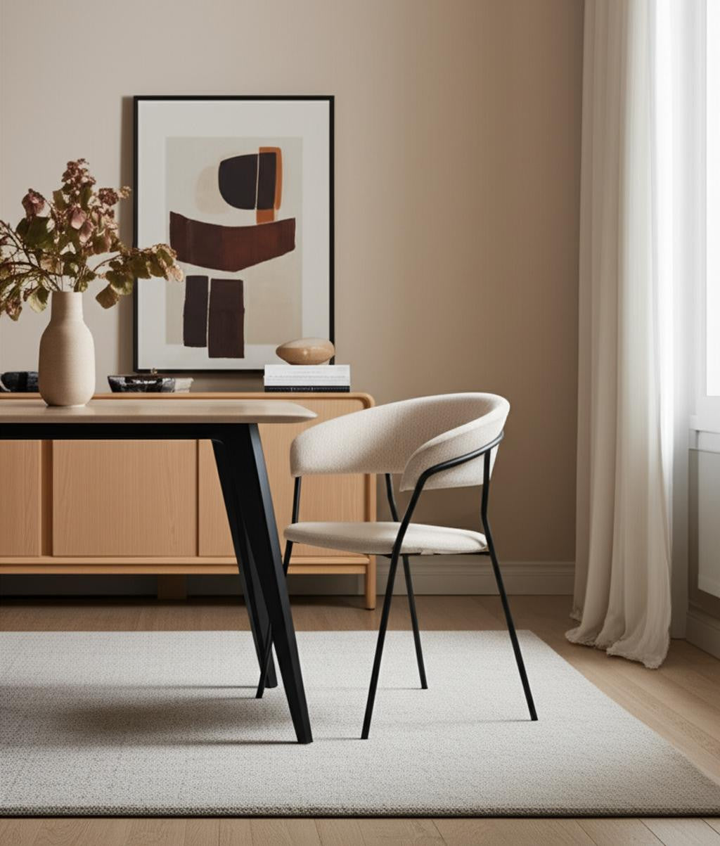 Set of Two Beige and Black Fabric Open Back Dining Arm Chairs