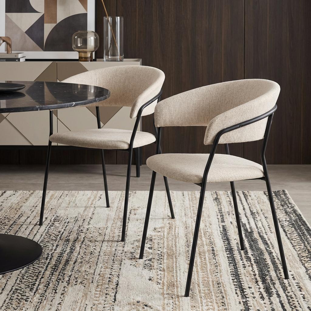 Set of Two Beige and Black Fabric Open Back Dining Arm Chairs
