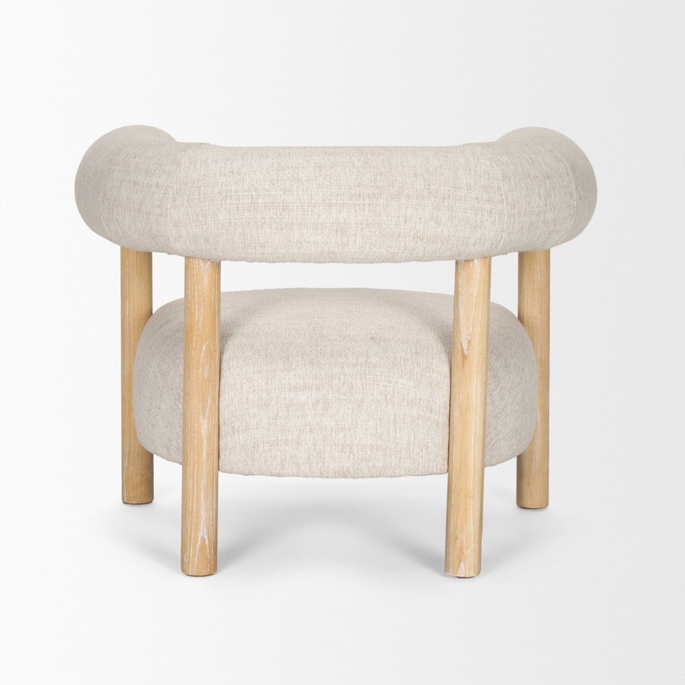 31" Cream and Natural Linen and Solid Wood Barrel Chair