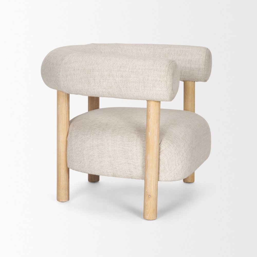 31" Cream and Natural Linen and Solid Wood Barrel Chair