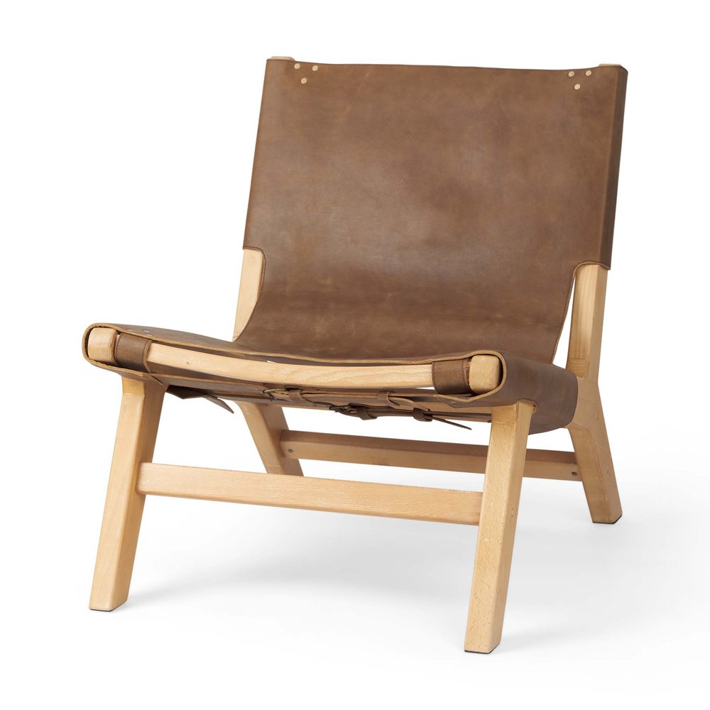 32" Brown and Natural Genuine Leather and Solid Wood Slipper Chair