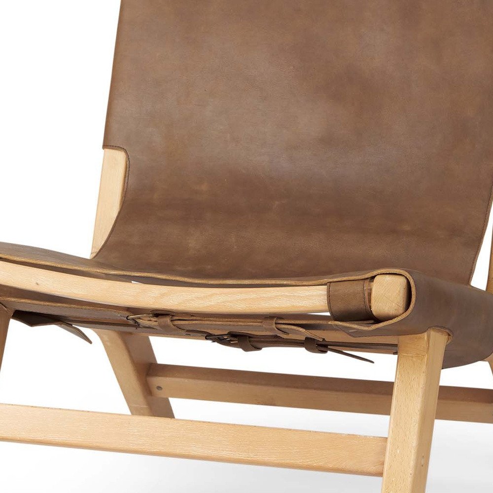 32" Brown and Natural Genuine Leather and Solid Wood Slipper Chair