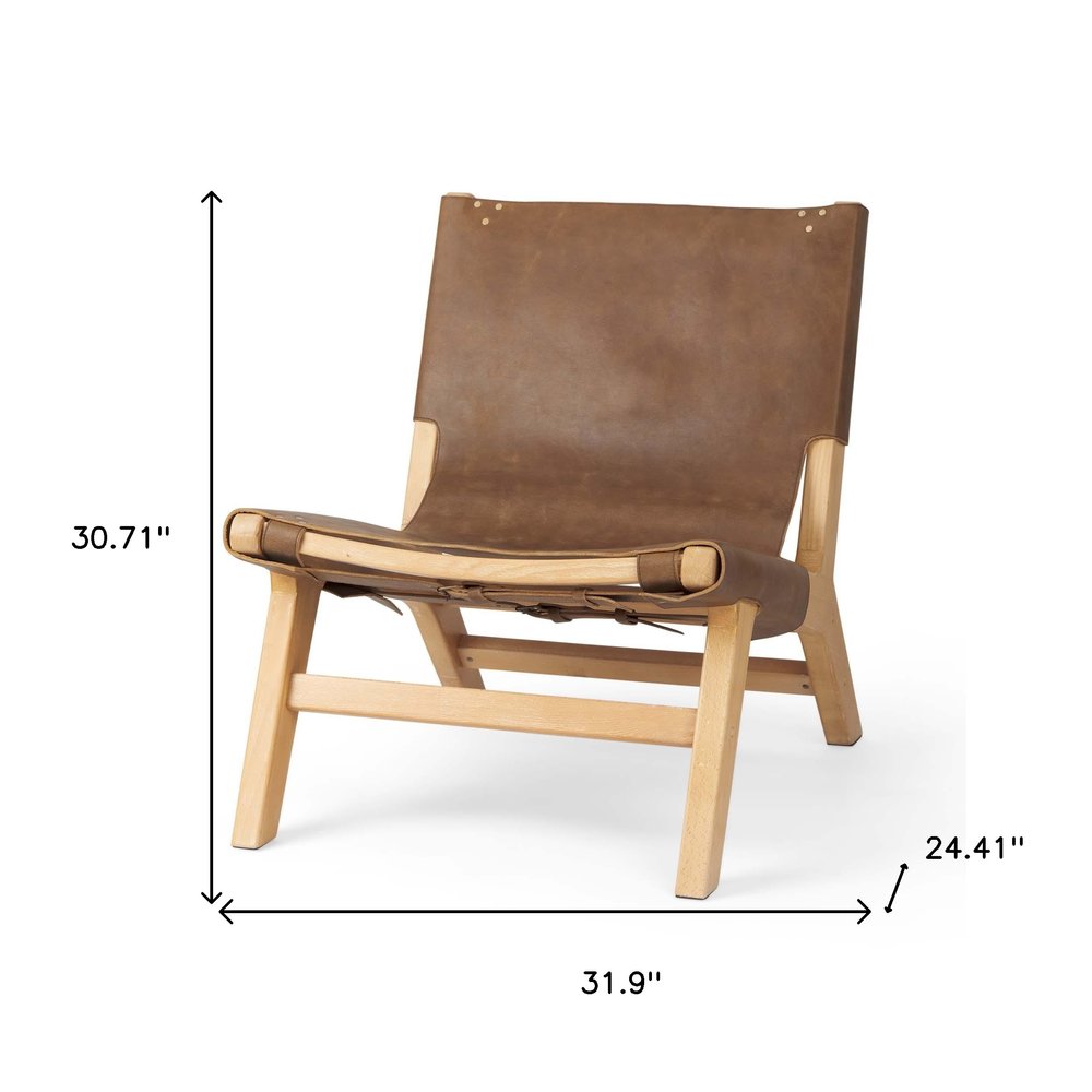 32" Brown and Natural Genuine Leather and Solid Wood Slipper Chair