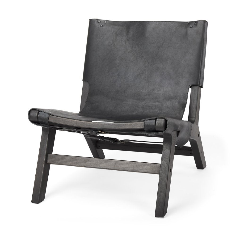 32" Black Genuine Leather and Solid Wood Slipper Chair