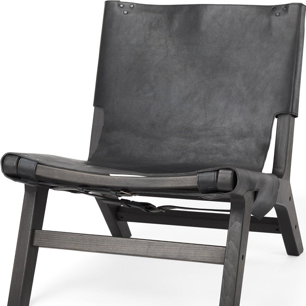 32" Black Genuine Leather and Solid Wood Slipper Chair