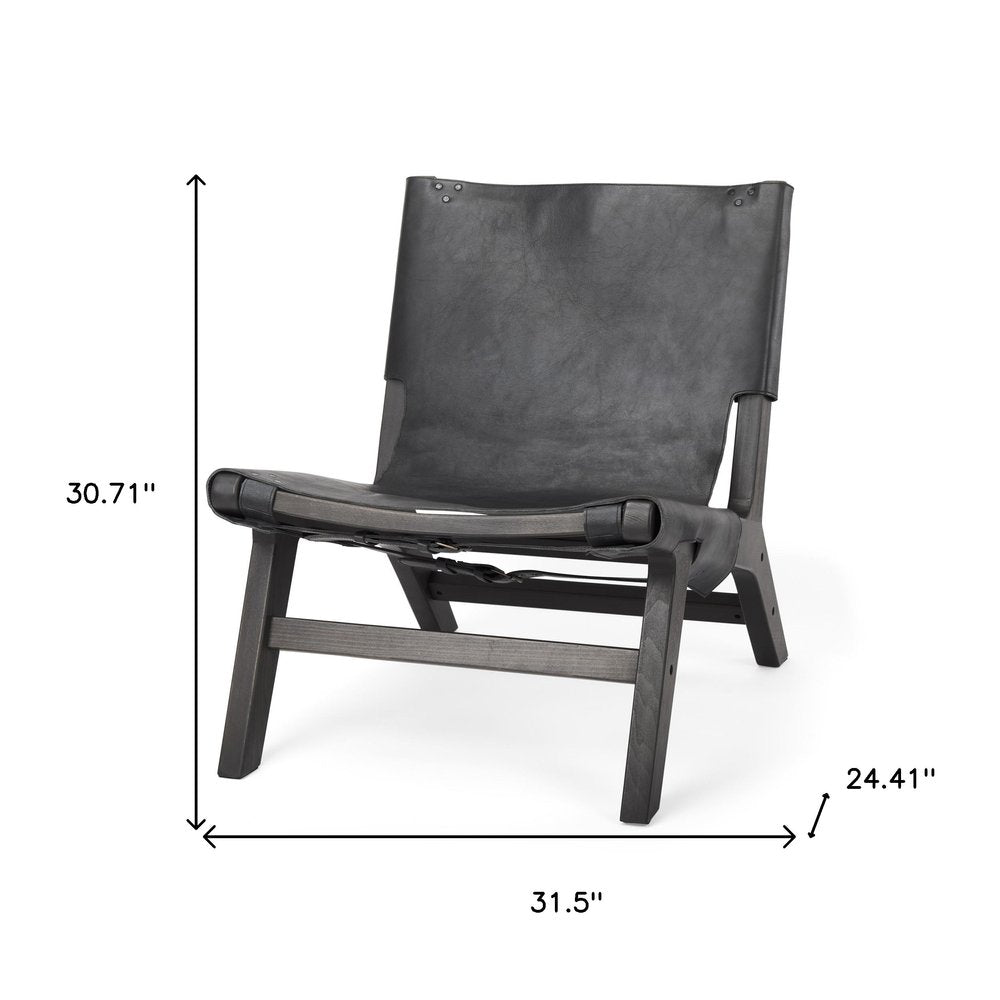 32" Black Genuine Leather and Solid Wood Slipper Chair
