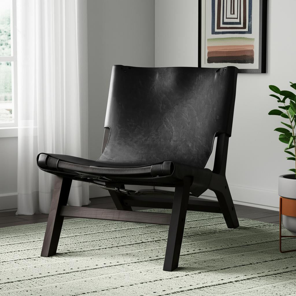32" Black Genuine Leather and Solid Wood Slipper Chair