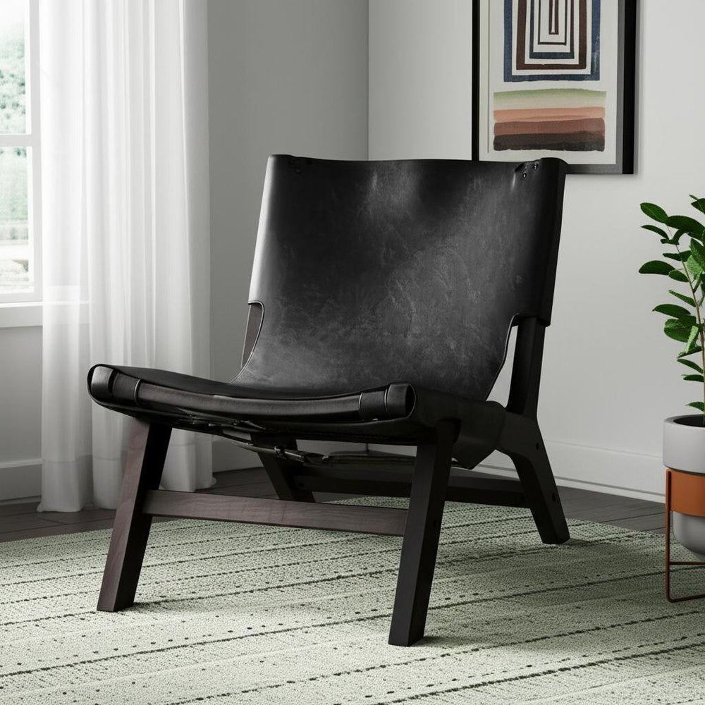 32" Black Genuine Leather and Solid Wood Slipper Chair