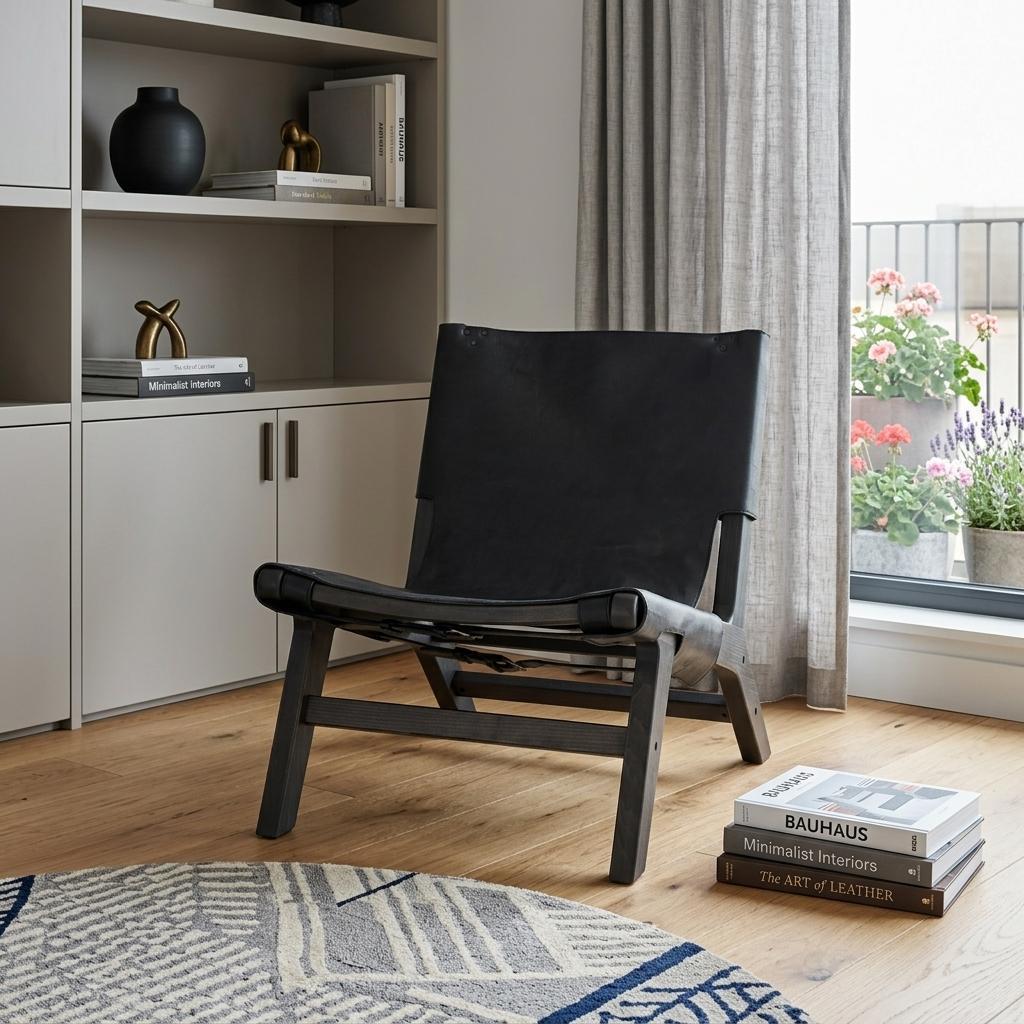 32" Black Genuine Leather and Solid Wood Slipper Chair
