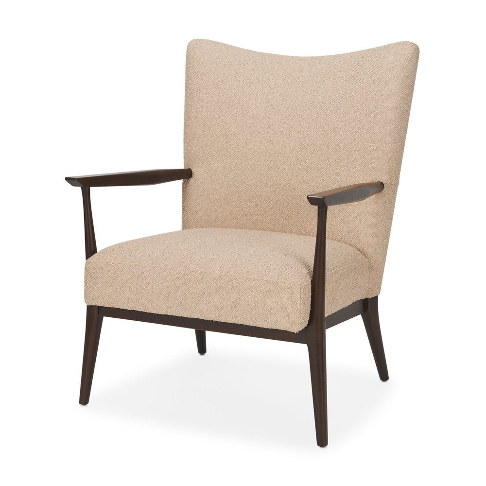 29" Beige and Dark Brown Boucle and Solid Wood Wingback Chair