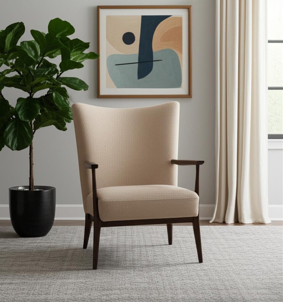 29" Beige and Dark Brown Boucle and Solid Wood Wingback Chair