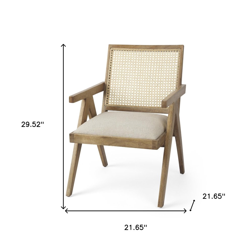 22" Beige and Natural Linen and Solid Wood Arm Chair