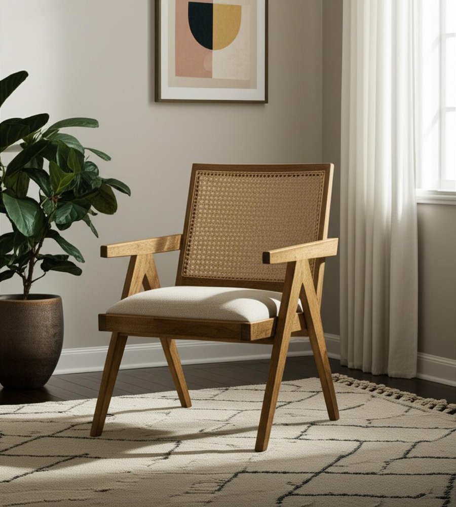 22" Beige and Natural Linen and Solid Wood Arm Chair
