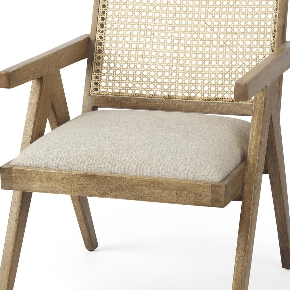22" Beige and Natural Linen and Solid Wood Arm Chair