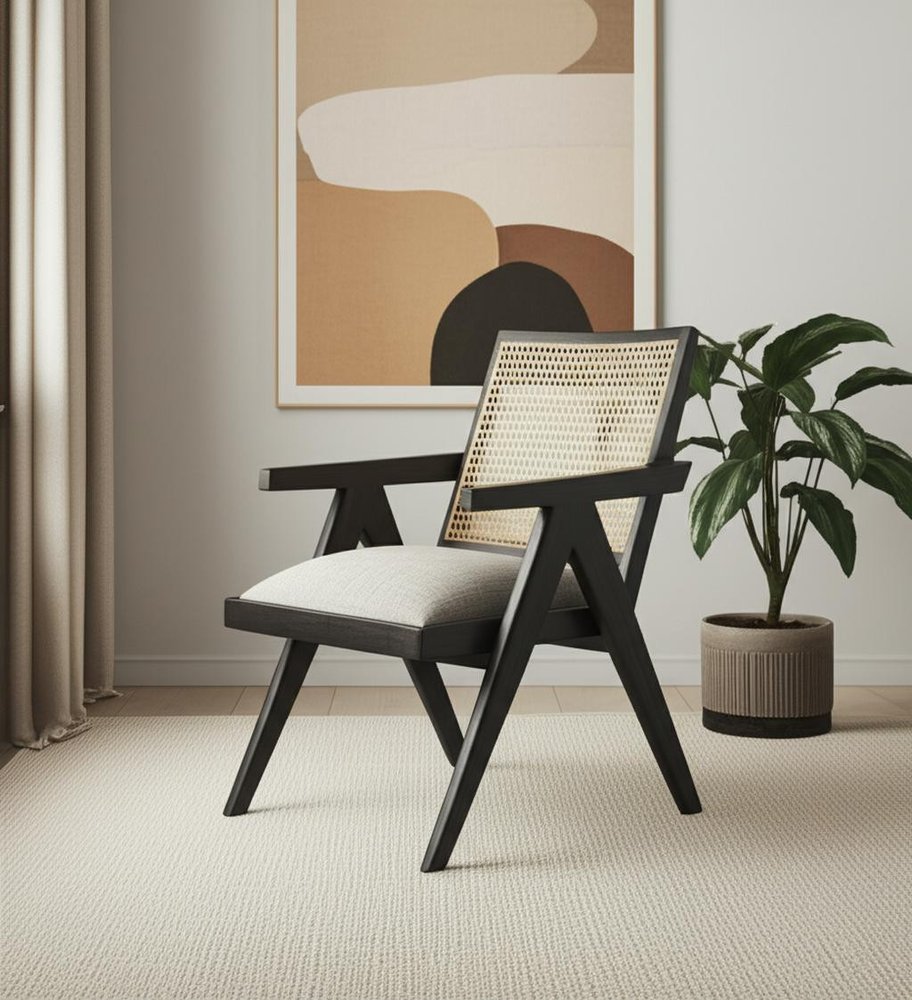 28" Gray and Black Linen and Solid Wood Arm Chair