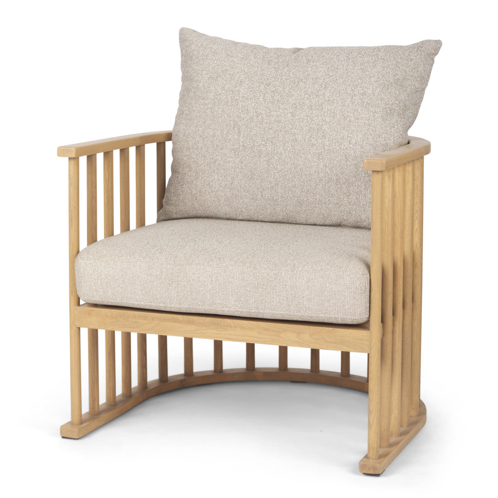 31" Beige and Natural Upholstery and Solid Wood Barrel Chair