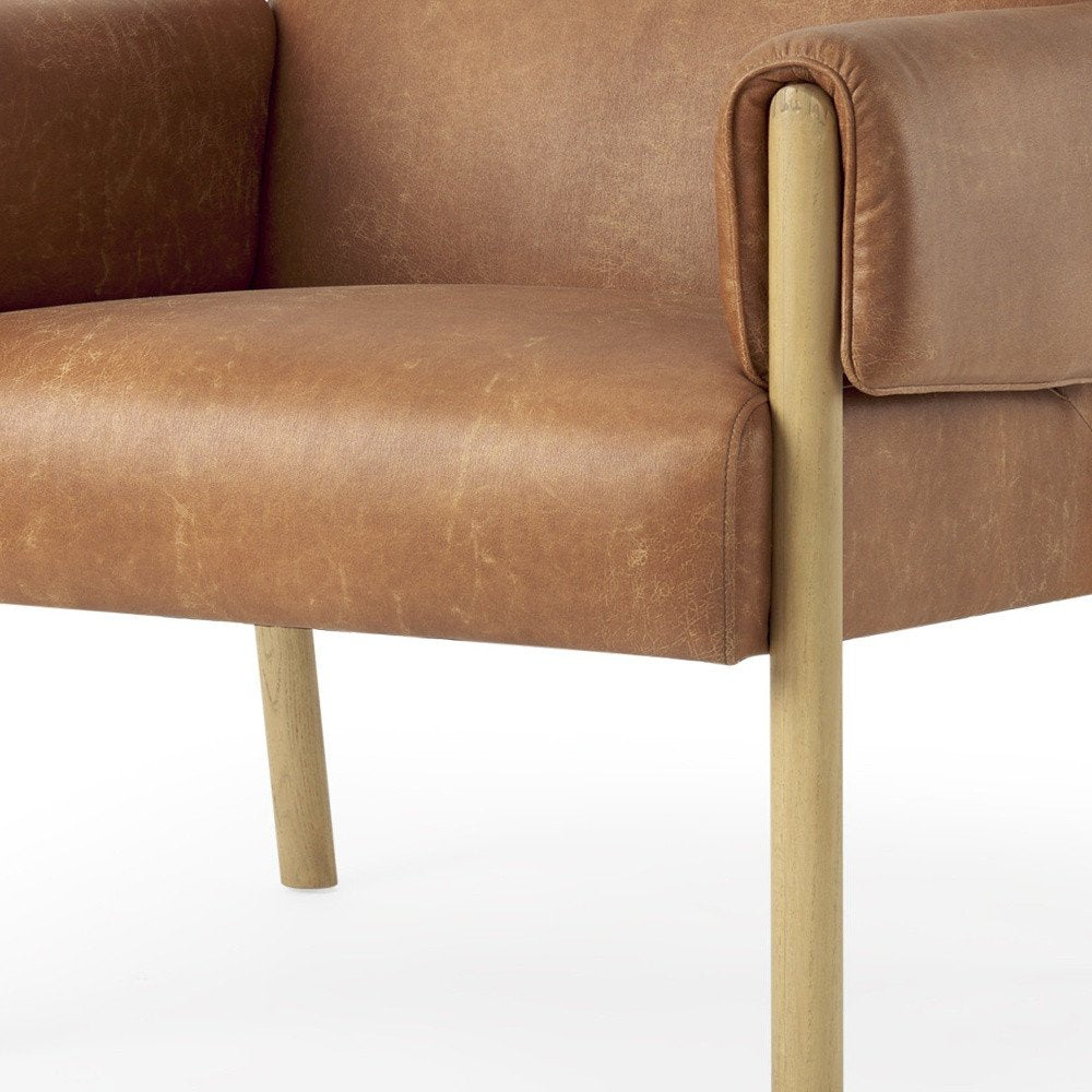 30" Brown and Natural Faux Leather and Solid Wood Arm Chair