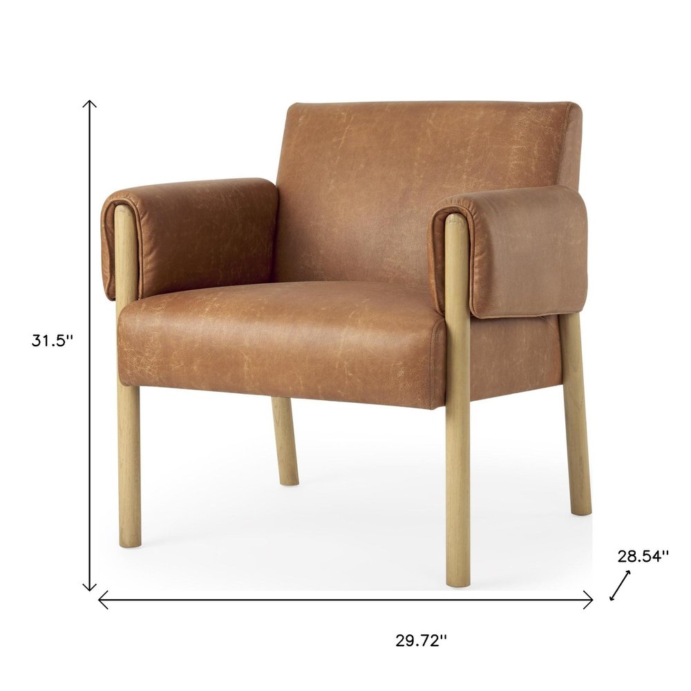 30" Brown and Natural Faux Leather and Solid Wood Arm Chair
