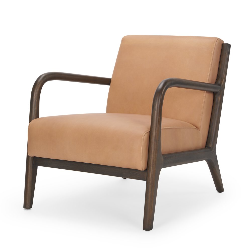 26" Tan and Dark Brown Genuine Leather and Solid Wood Arm Chair