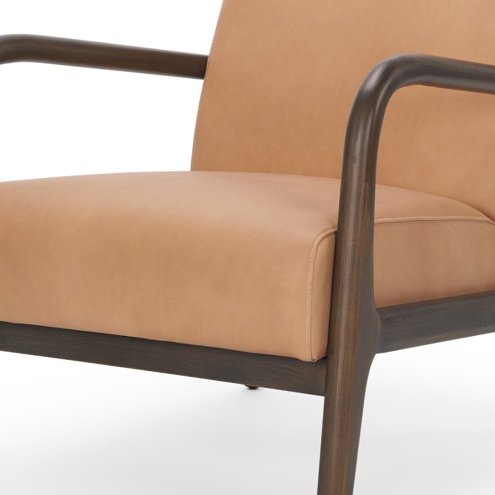 26" Tan and Dark Brown Genuine Leather and Solid Wood Arm Chair