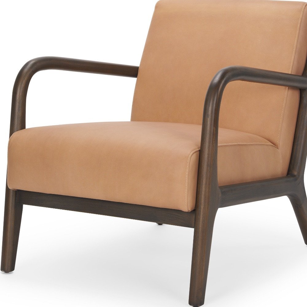 26" Tan and Dark Brown Genuine Leather and Solid Wood Arm Chair
