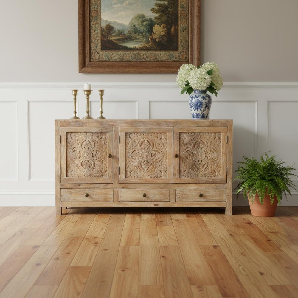 64" White Distressed Solid Wood Carved Floral Three Drawer Sideboard with Three Doors