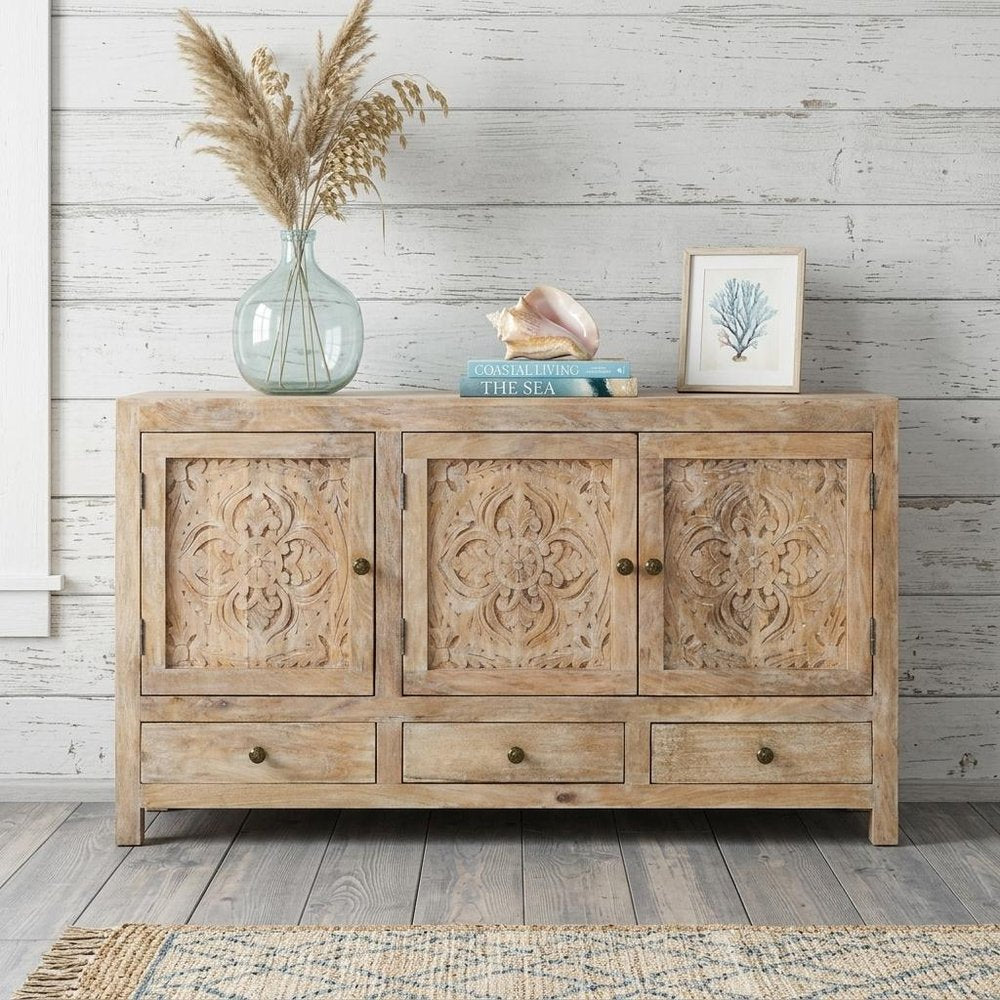 64" Natural Solid Wood Carved Floral Three Drawer Sideboard With Three Doors