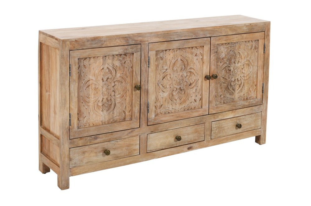 64" Natural Solid Wood Carved Floral Three Drawer Sideboard With Three Doors