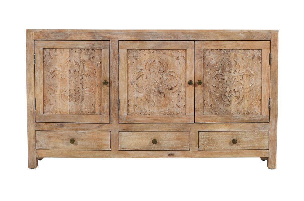 64" Natural Solid Wood Carved Floral Three Drawer Sideboard With Three Doors