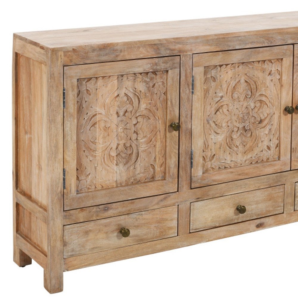 64" Natural Solid Wood Carved Floral Three Drawer Sideboard With Three Doors
