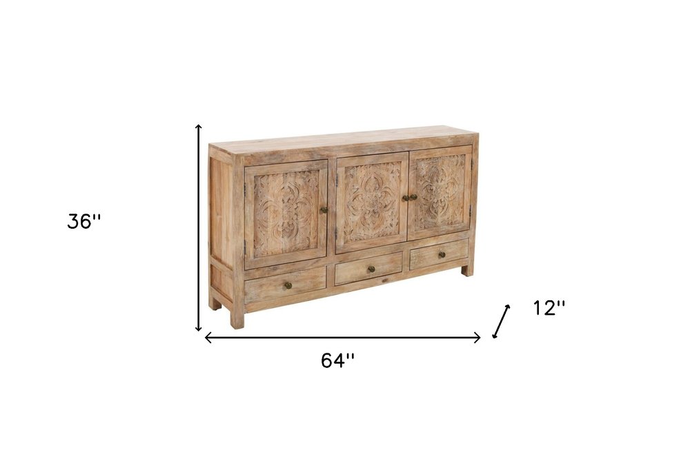 64" Natural Solid Wood Carved Floral Three Drawer Sideboard With Three Doors