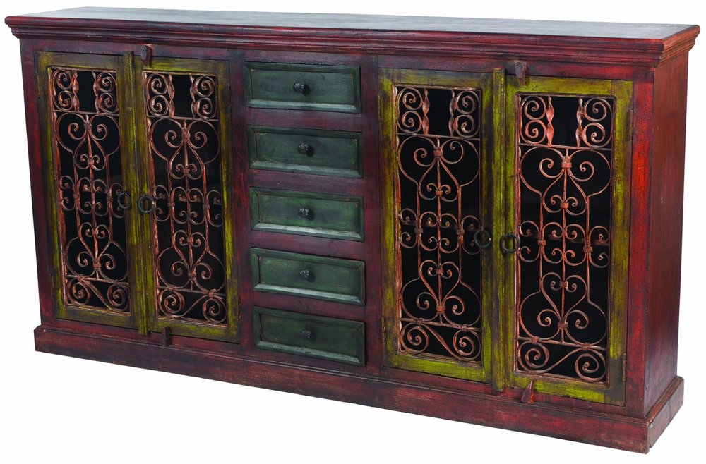 82" Red Distressed Solid Wood Five Drawer Buffet Table with Four Doors