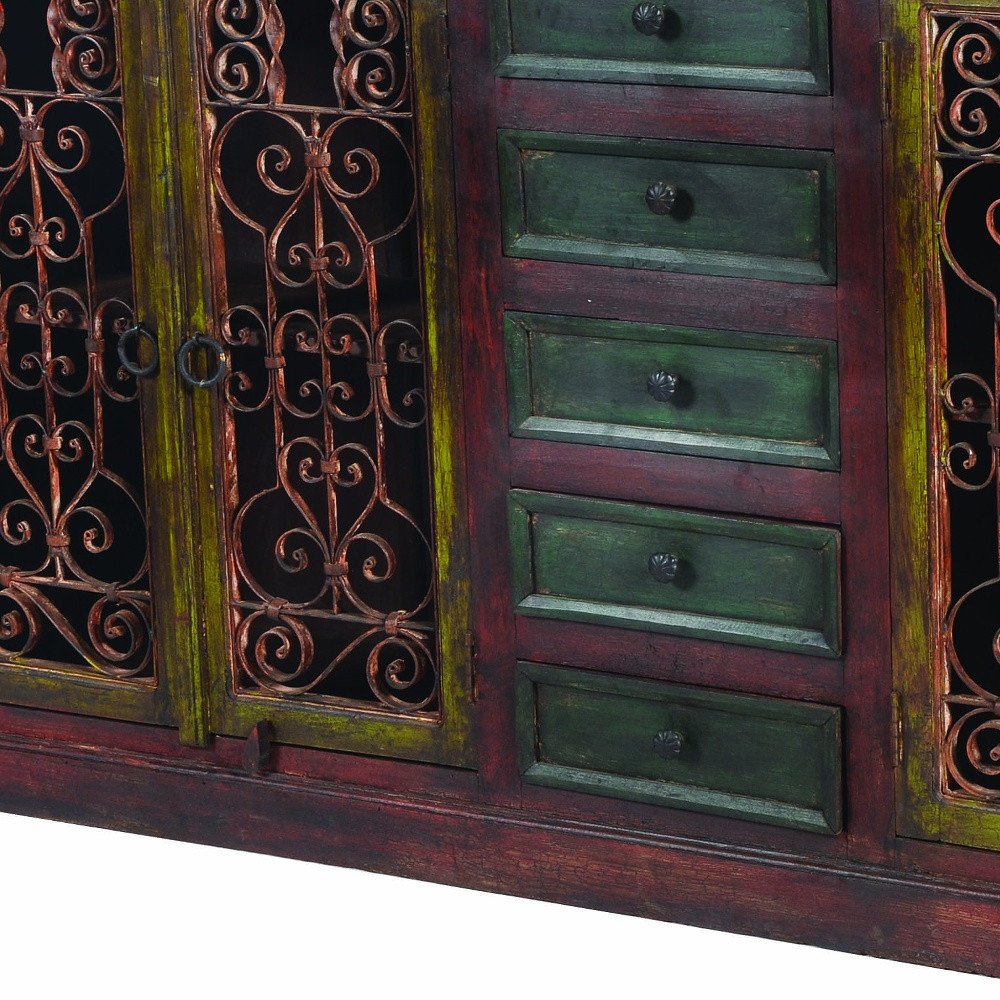 82" Red Distressed Solid Wood Five Drawer Buffet Table with Four Doors