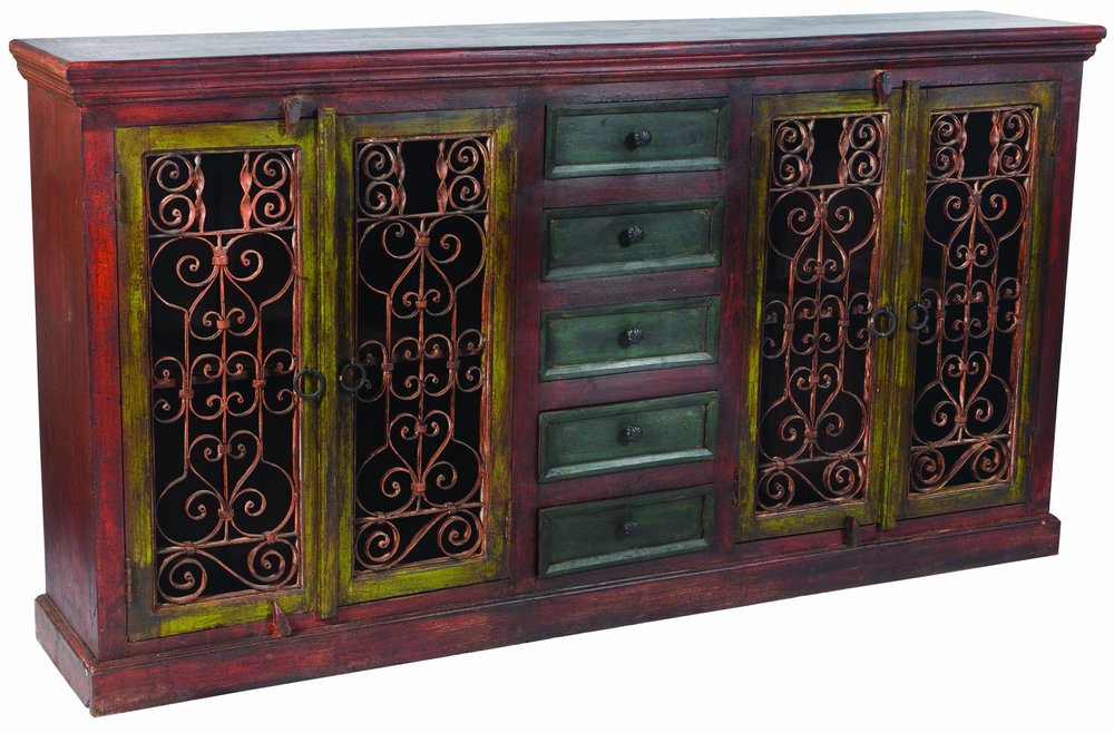 82" Red Distressed Solid Wood Five Drawer Buffet Table with Four Doors