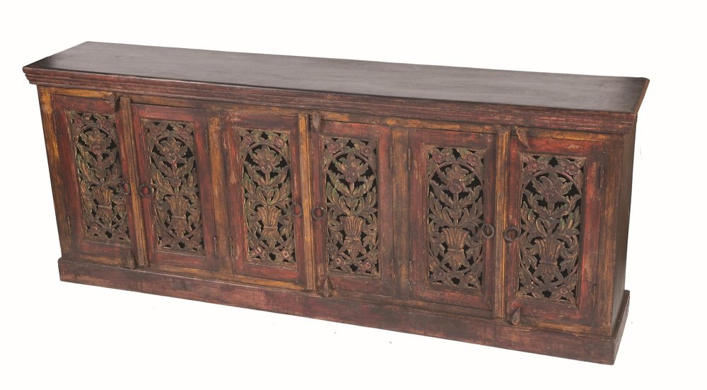 90" Red Distressed Solid Wood Carved Scrollwork Buffet Table with Six Doors